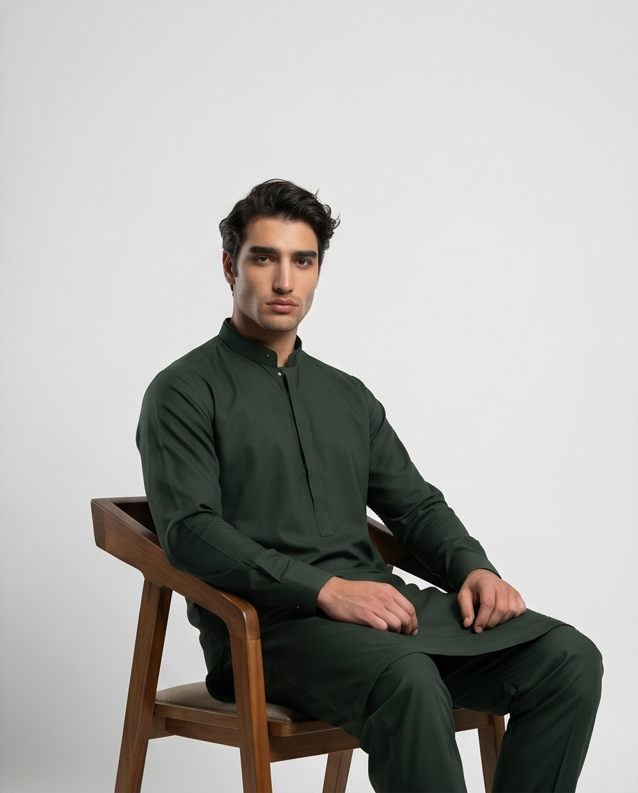 Premium Bottle Green Pakistani Men's Salwar Kameez - Luxury Cotton Suite | SK04 - Raakaat