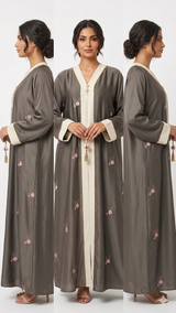 Premium Floral-Embroidered Contrast Abaya | A0013
