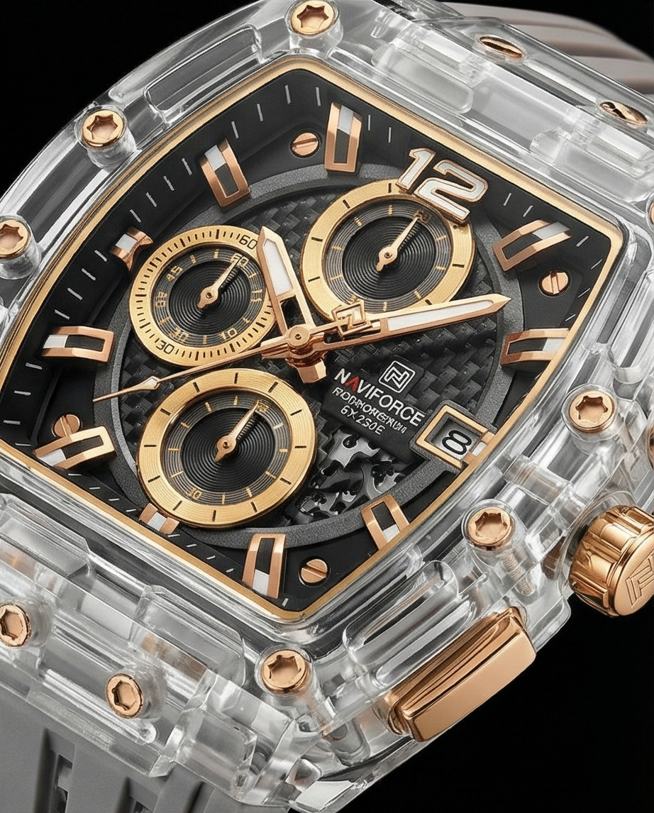 W10-Naviforce Luxury Chronograph Watch with Transparent Case and Black Dial - Raakaat