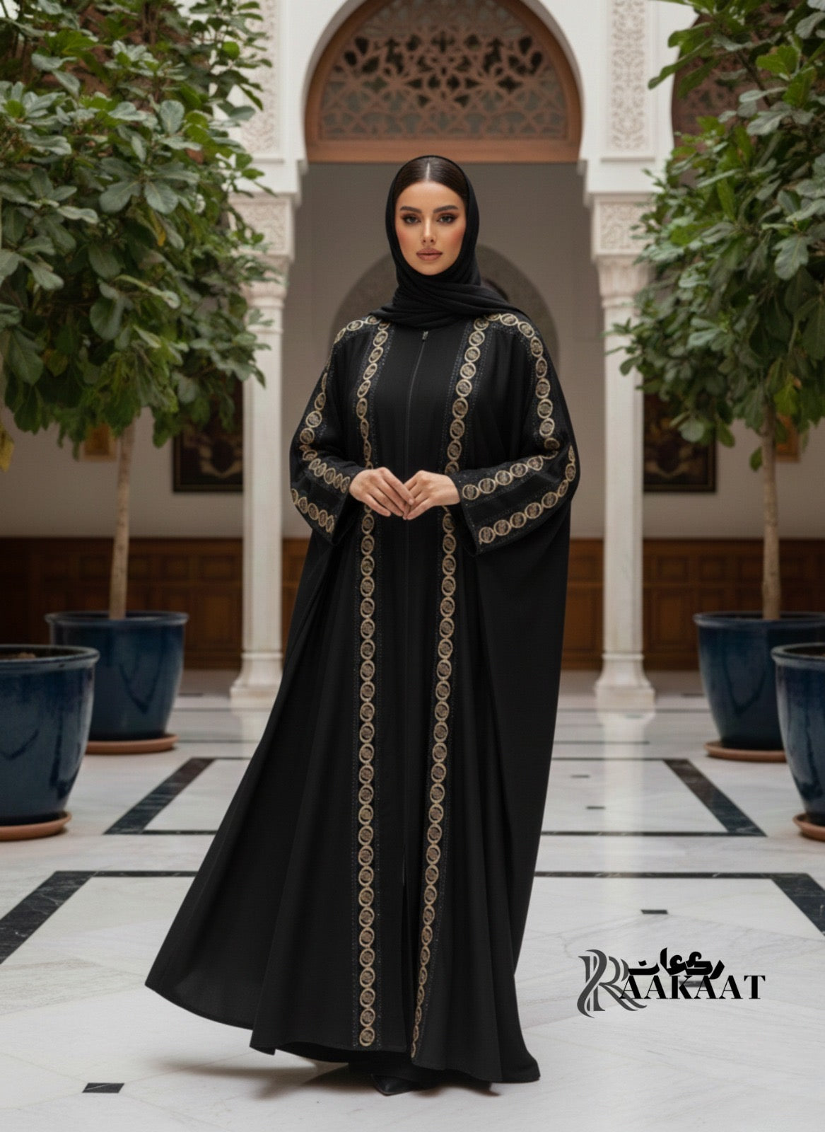 Luxury Black Abaya with Golden Embroidery | A0012 - Raakaat