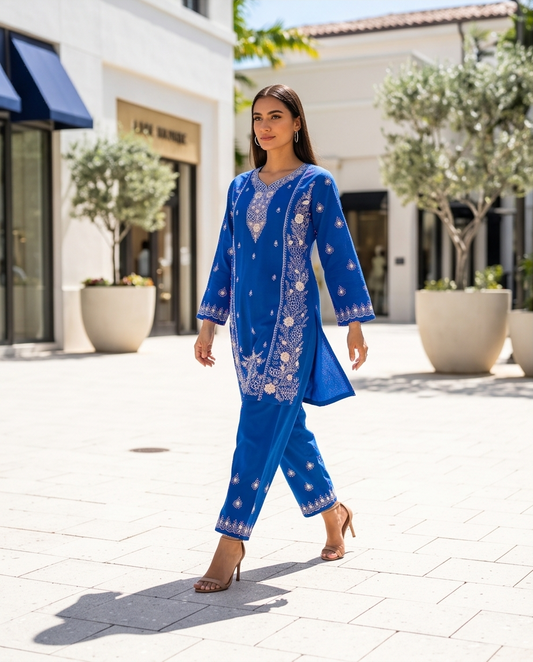 Striking Sky Blue Embroidered Cotton Kurti Set | TPS06 - Raakaat