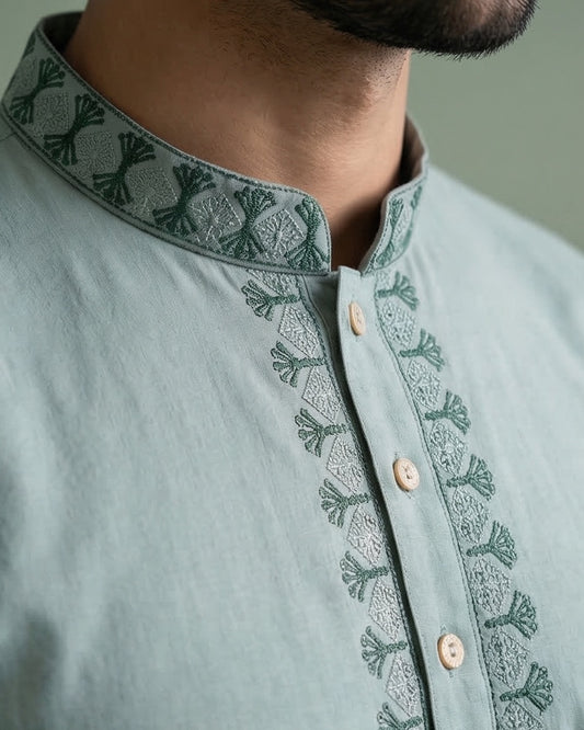 Mint Sage Geometric Embroidered Panjabi – Minimalist Elegance|364| - Raakaat