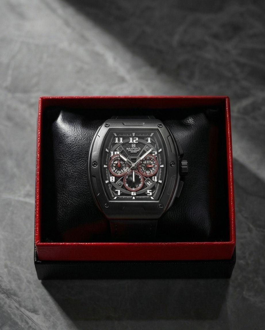 W5-NAVIFORCE Chronograph Watch with Leather Strap - Black - Raakaat