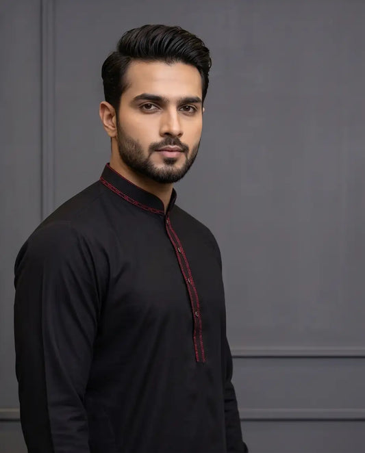 Men's Jet Black Heritage Kurta Pajama Set | BK5 - Raakaat