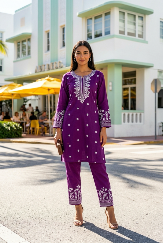 Chic Magenta Purple Embroidered Cotton Kurti Set | TPS08 - Raakaat