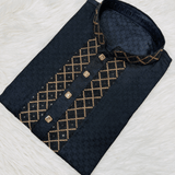 Classic Black Bangladeshi Panjabi with Elegant Golden Embroidery P0002 displayed on a white fur background.