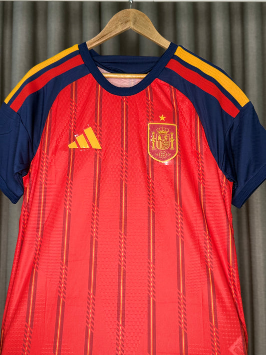 Spain Home Jersey – Red & Navy Gold-Pinstripe 1-Star National Football Shirt