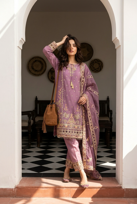 Fully Stitched 3-Piece Mauve Salwar Kameez - Ready-to-Wear Designer Festive Suit | TPS02 - Raakaat