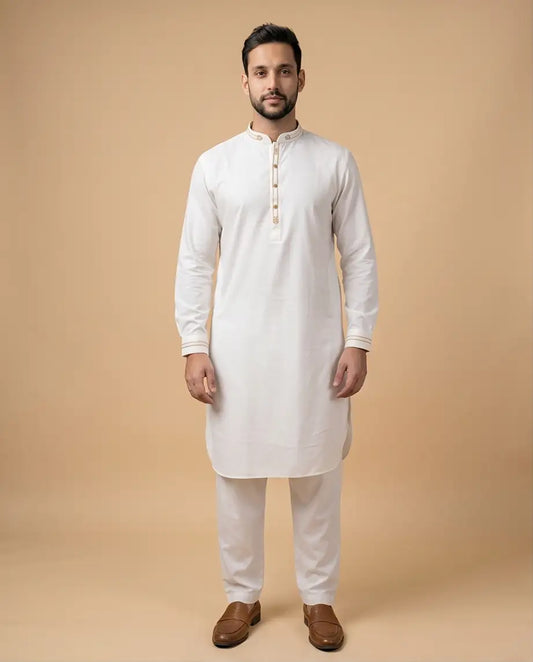 Men's Pristine White Kurta Pajama Set with Gold Accents | W3 - Raakaat