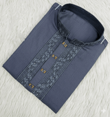 The Slate Heirloom | Hand-Embroidered Modern Panjabi P0006 with tonal embroidery on charcoal slate.