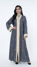 Premium Floral-Embroidered Contrast Abaya | A0013