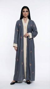Premium Floral-Embroidered Contrast Abaya | A0013