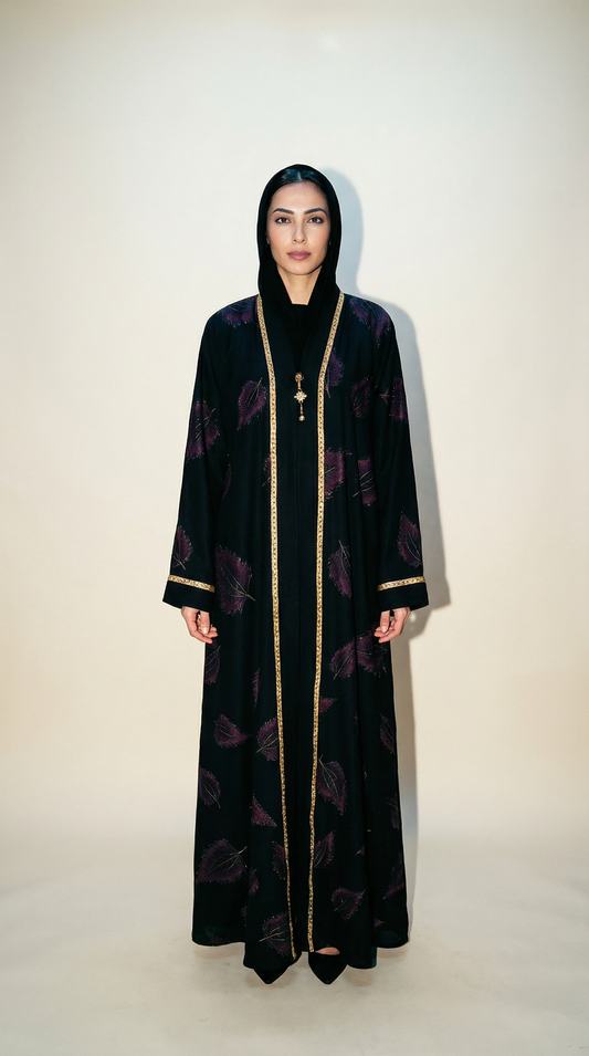 The Amethyst Leaf Embroidered Abaya – Royal Black & Gold Edition A0009 - Raakaat