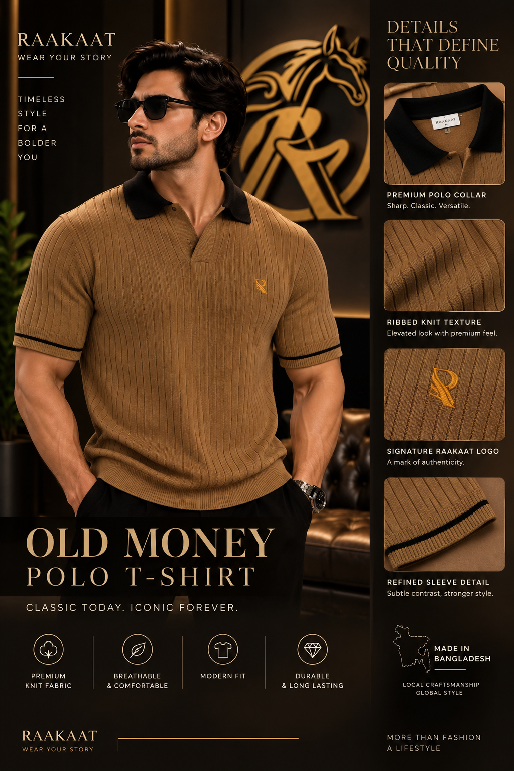 Men’s Old Money Ribbed Knit Polo T-Shirt – Premium Brown & Black |