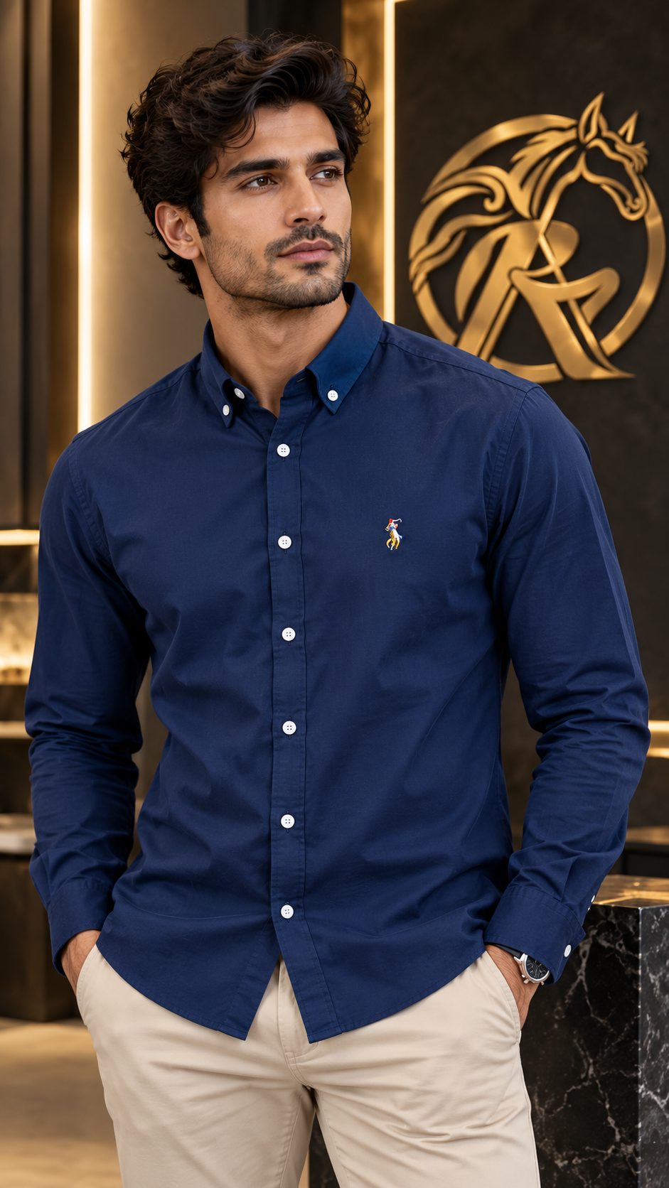 Men’s Navy Long-Sleeve Button-Down Shirt