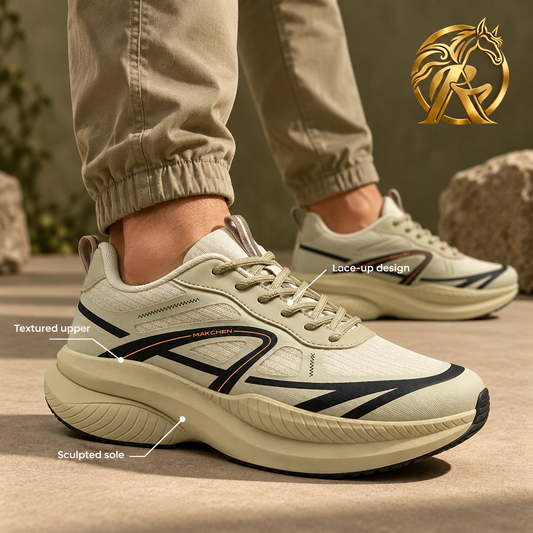 MAKCHEN Men's Beige & Olive Graphic Sneakers - model view