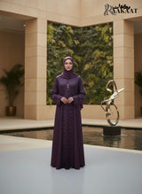 Hand-Crafted Textured Embroidery Abaya Set A0004 in rich purple, showcasing intricate embroidery and elegant design.