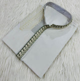 The Alabaster Heritage Panjabi P0009 showcasing ivory fabric with olive-green and gold embroidery details.