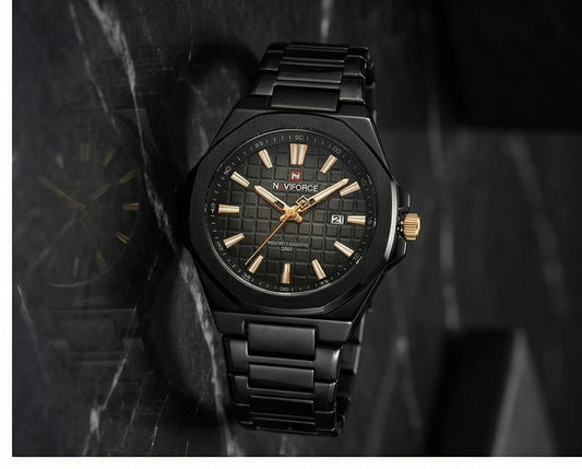 W2-NAVIFORCE Phantom Black Edition – Men’s Luxury Stainless Steel Watch with Rose Gold Accents - Raakaat