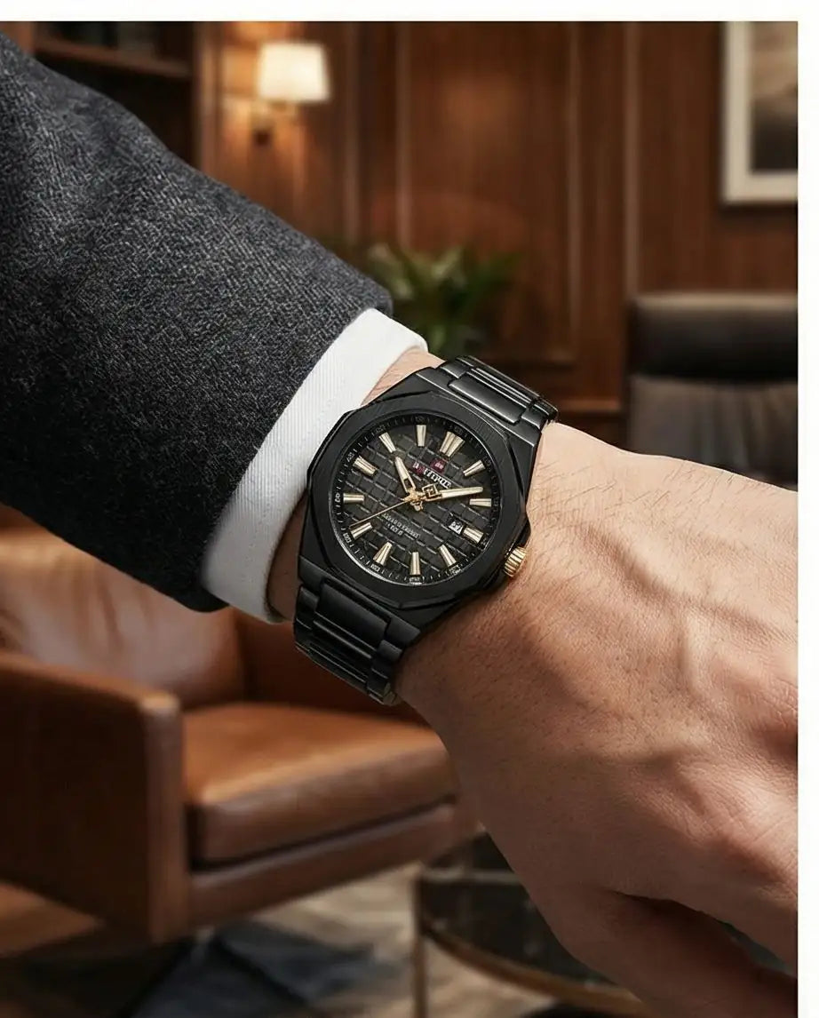 W2-NAVIFORCE Phantom Black Edition – Men’s Luxury Stainless Steel Watch with Rose Gold Accents - Raakaat