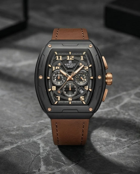 W9-NAVIFORCE Chronograph Watch with Brown Leather Strap - Raakaat