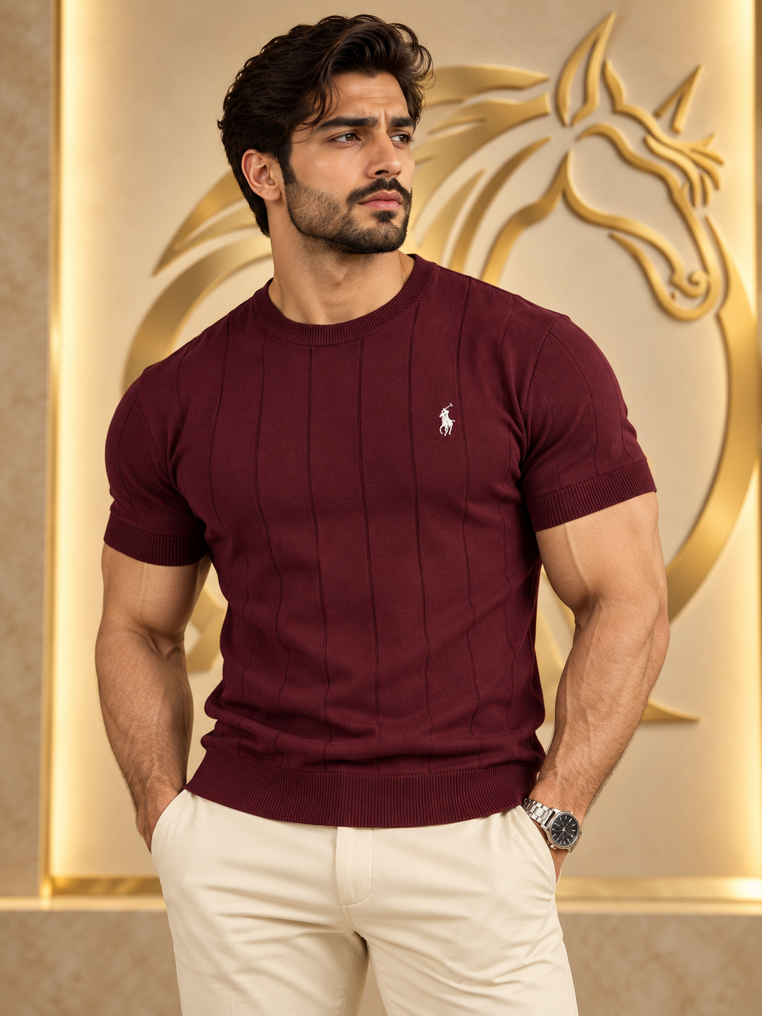 Raakaat men's Burgundy ribbed crew-neck knit t-shirt modeled front view