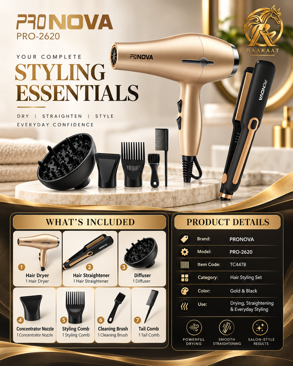 PRONOVA PRO-2620 styling essentials set with diffuser nozzle combs and straightener