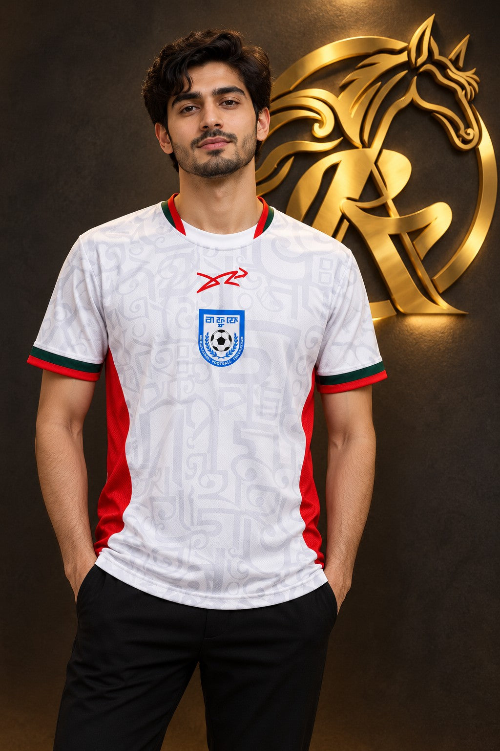 Bangladesh White Football Jersey – Red & Green Trim – front model view
