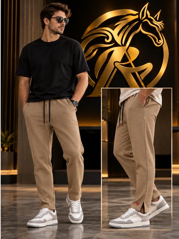 Raakaat beige ribbed men's pants lifestyle view