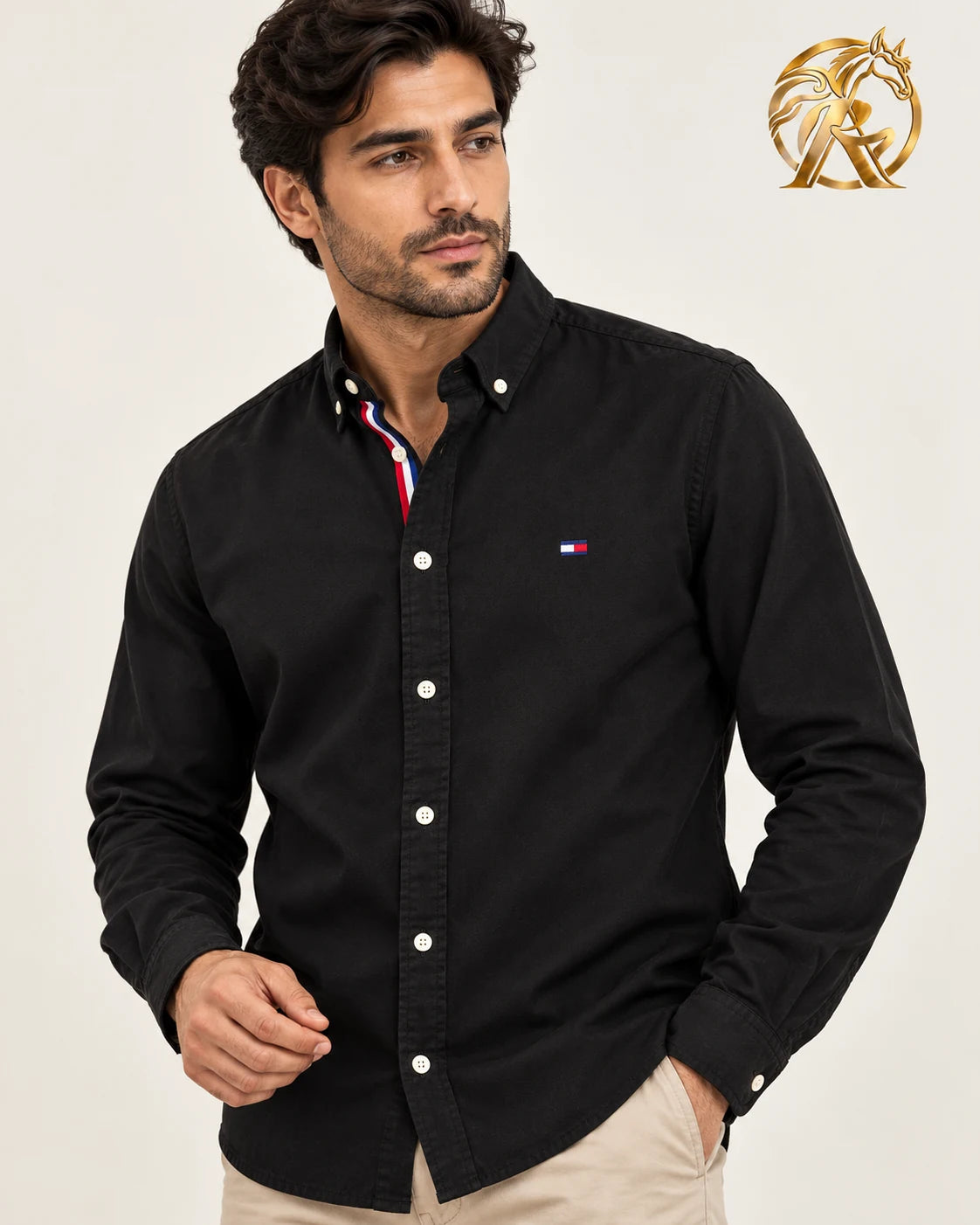Men's black long-sleeve shirt — cuff detail