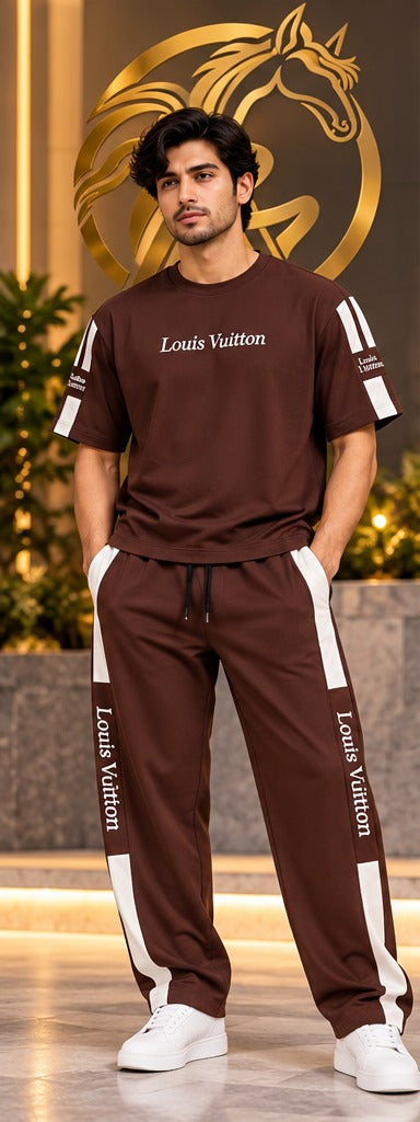 Men's brown matching T-shirt and jogger pants set lifestyle model photo with gold Raakaat icon in background