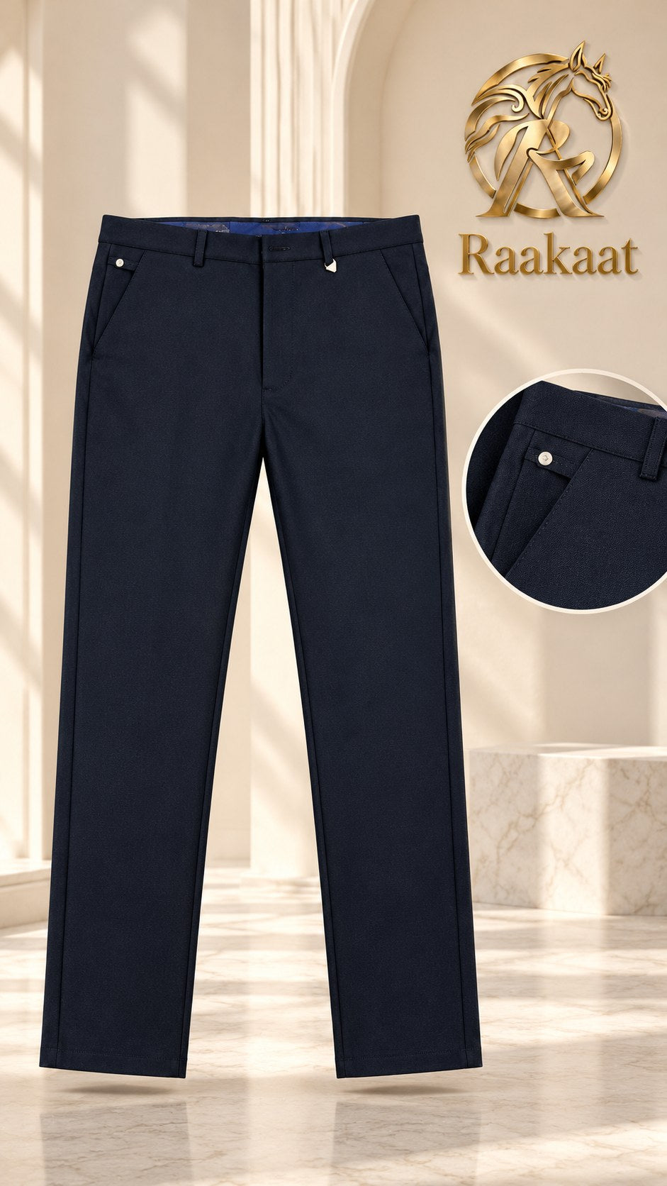 Raakaat men's navy blue formal straight-leg pants – front view and pocket detail