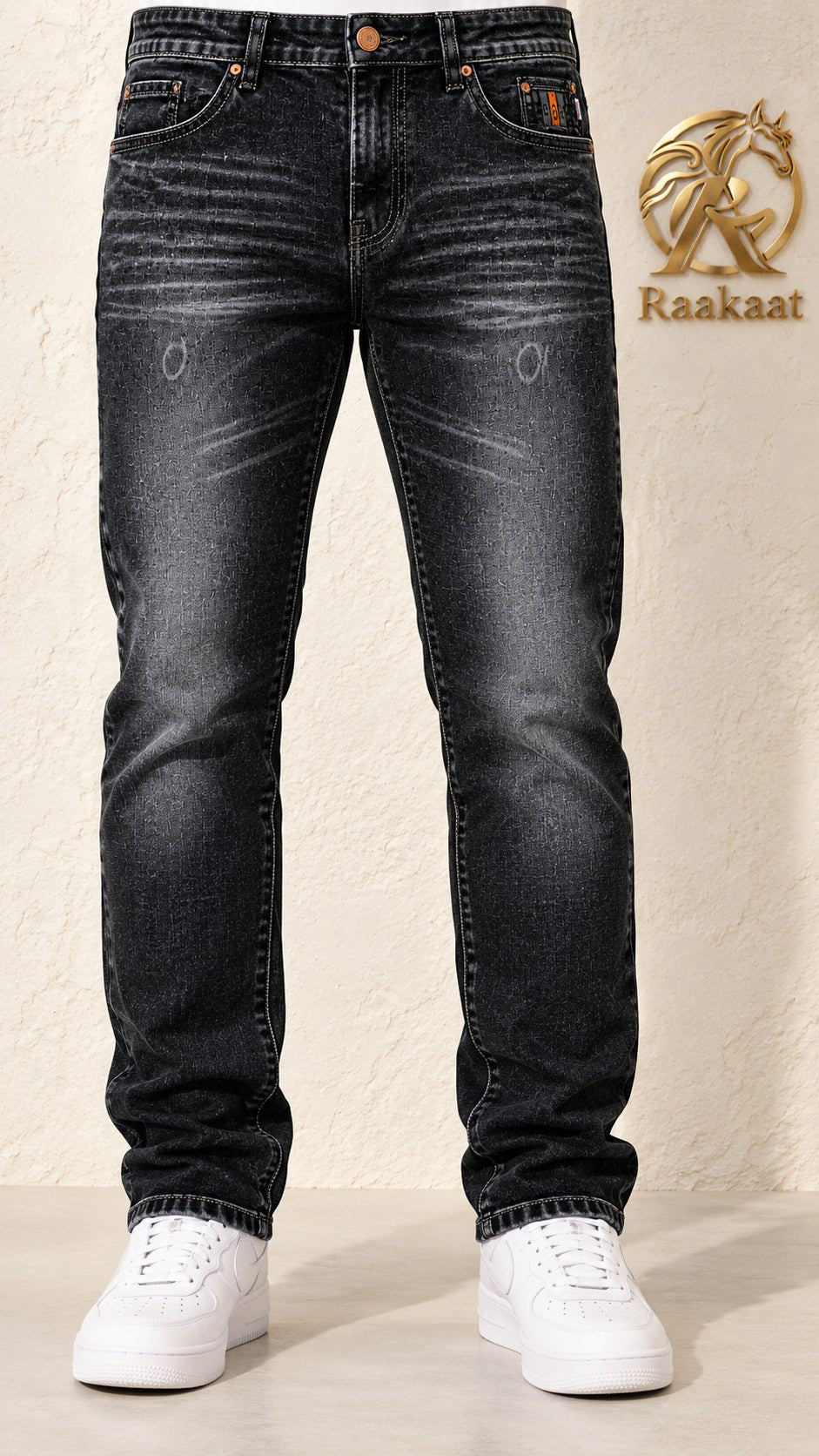 Men's black faded wash jeans – waist-to-shoes front view