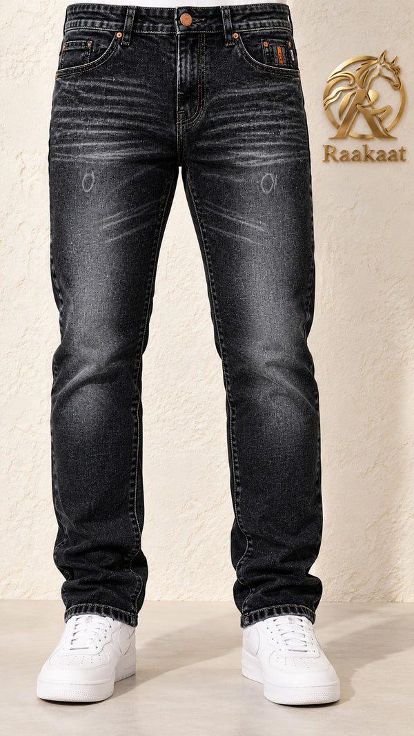 Men's black faded wash jeans – waist-to-shoes front view