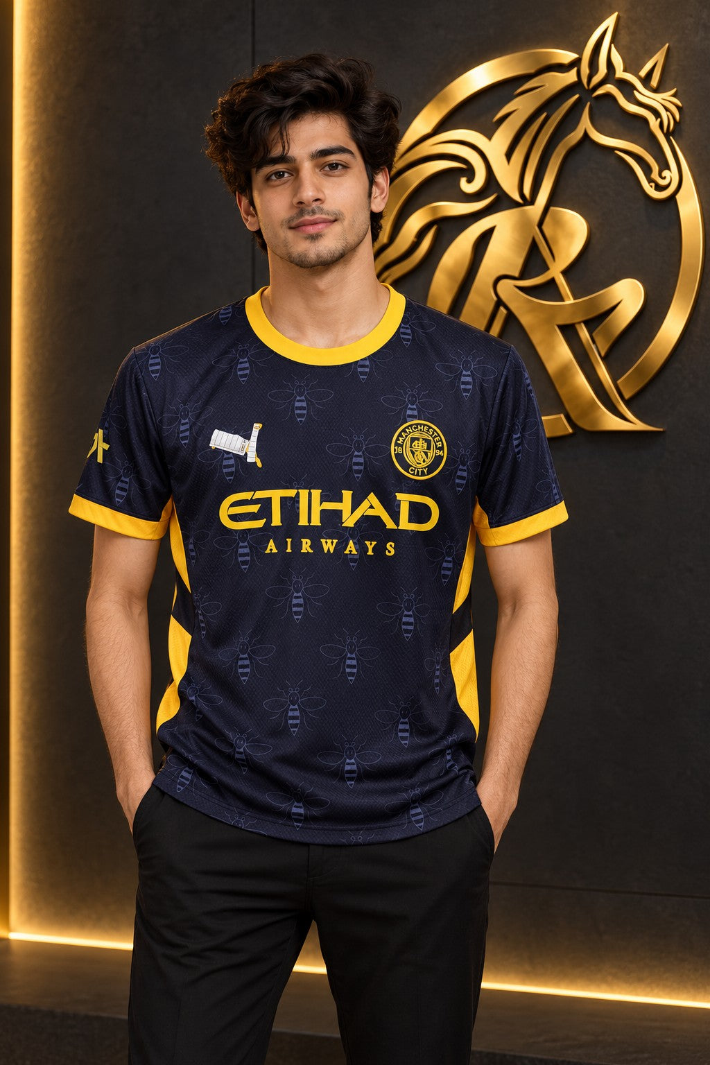 Manchester City Navy & Yellow Bee Print Football Jersey β front model view