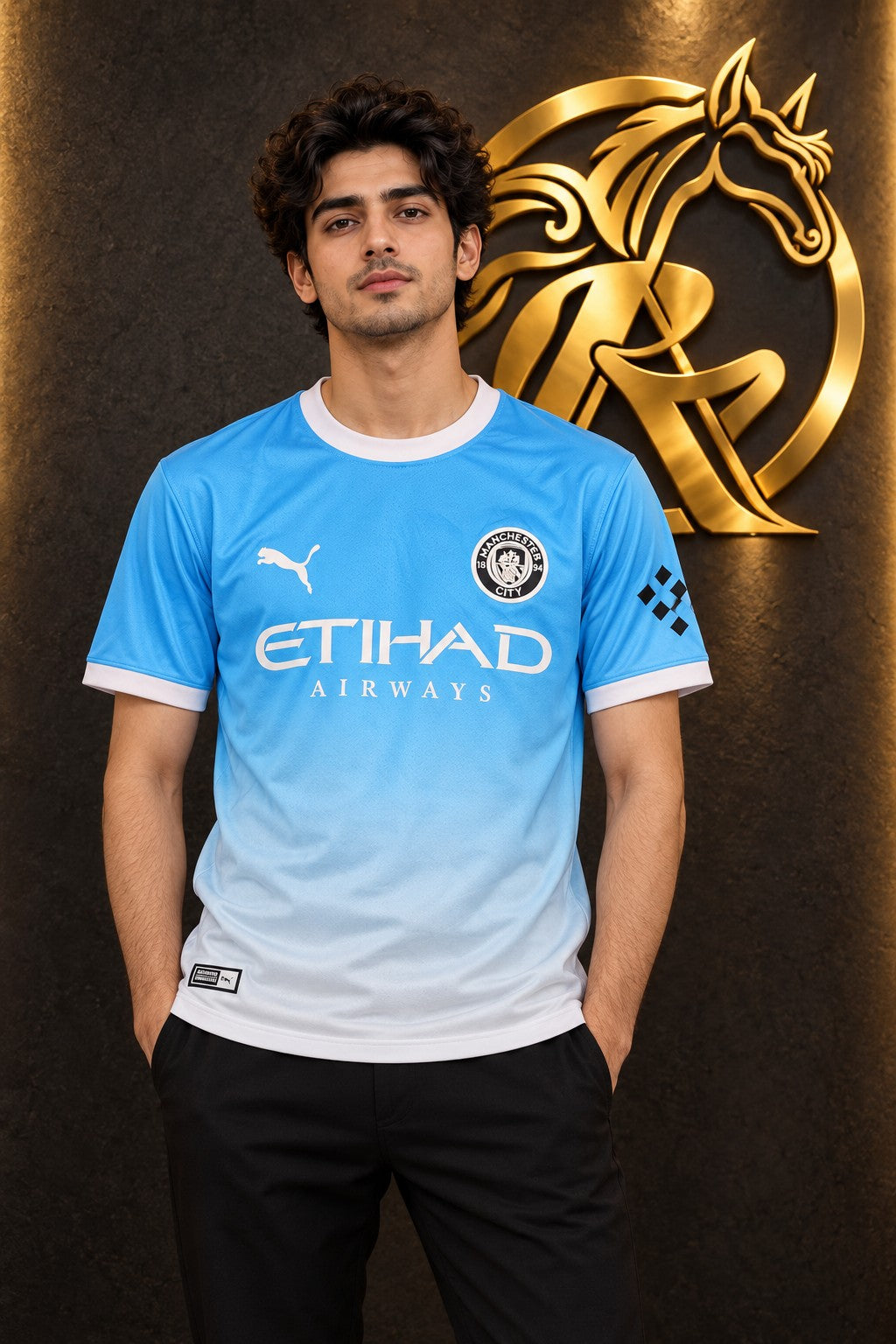 Manchester City Sky Blue Gradient Football Jersey β front model view