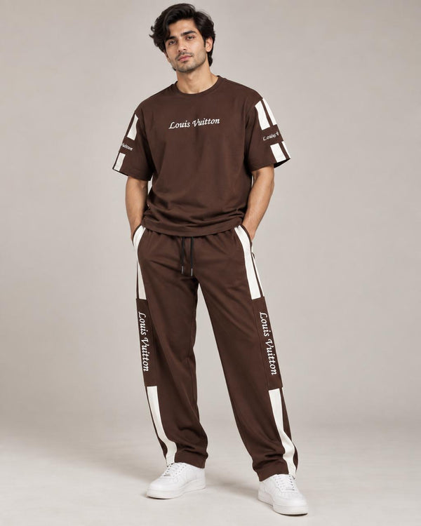 Men's brown matching short sleeve T-shirt and jogger pants set