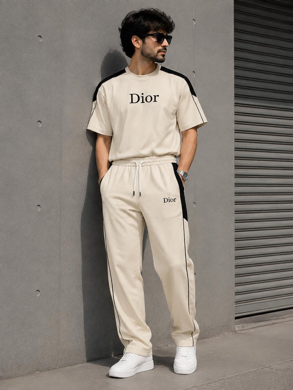 Men's cream matching short sleeve T-shirt and jogger pants set