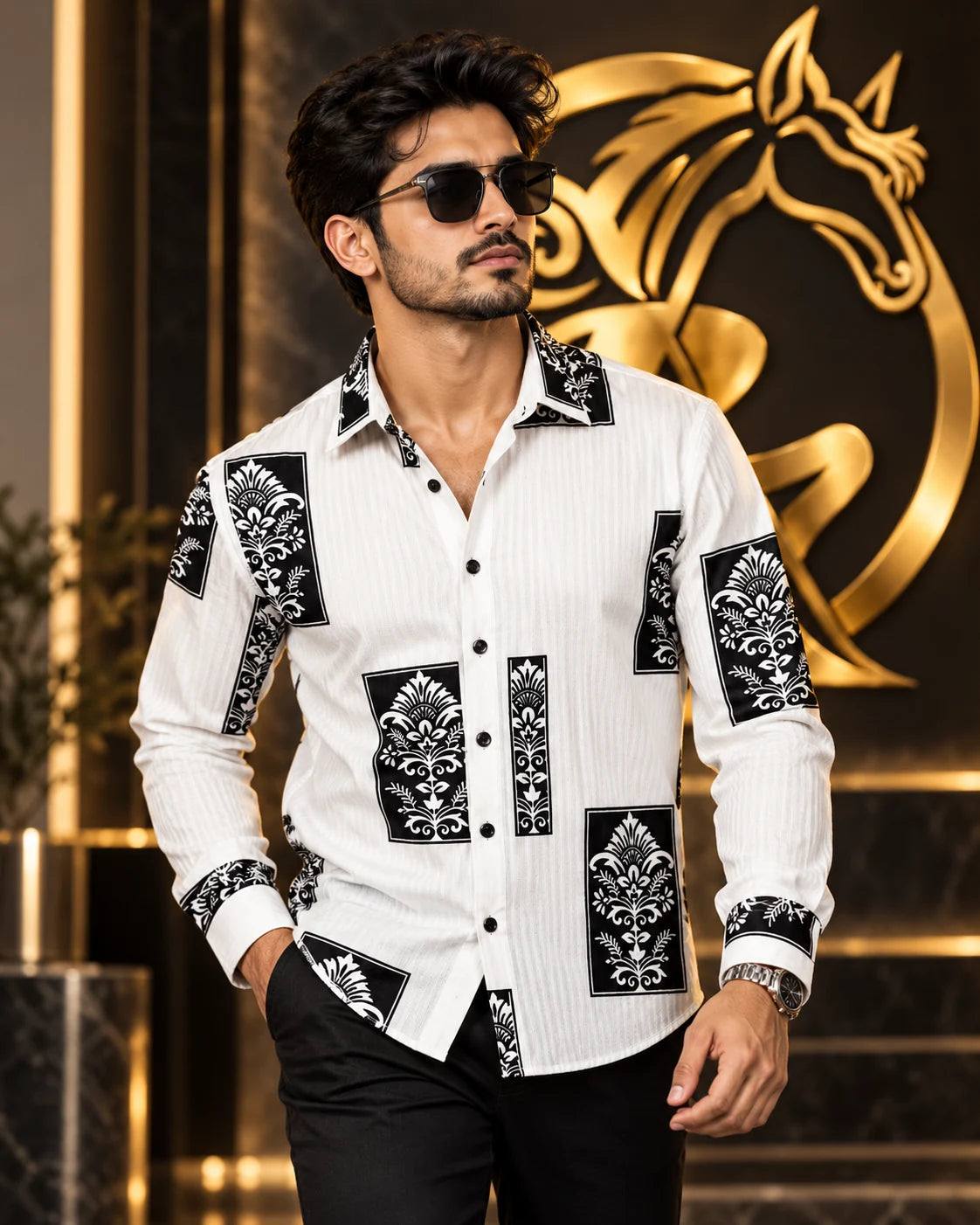 Men's white and black floral long sleeve shirt modeled front view | Raakaat
