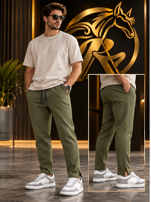 Raakaat olive green ribbed men's pants lifestyle view