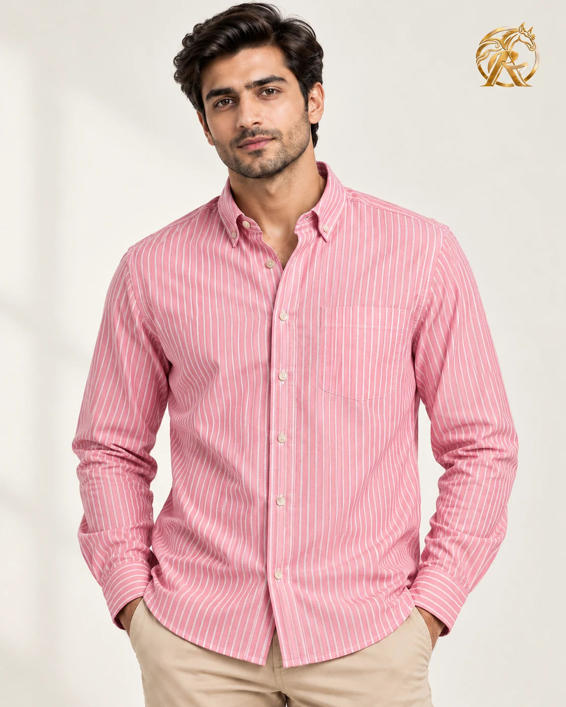 Men's pink & white striped shirt — collar detail