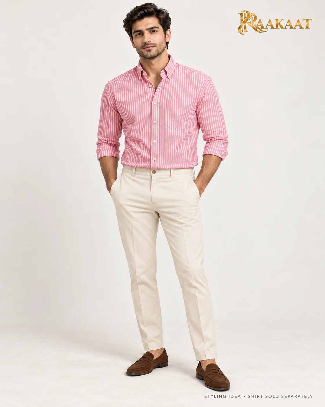 Men's pink & white striped shirt — outfit styling