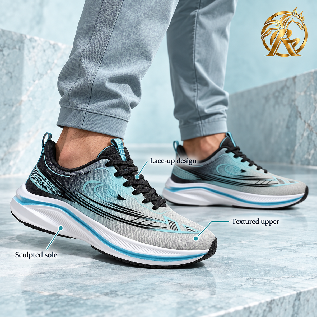 Men's Grey & Aqua Graphic Lace-Up Sneakers — model styling and design details