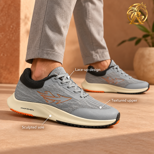 MAKCHEN Men's Grey & Orange Wave-Sole Sneakers — model styling and design details