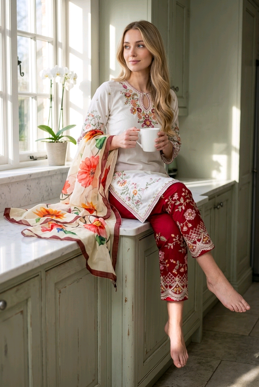 Ethereal Ivory & Crimson Floral Embroidered Three-Piece Suit ( Stitched ) |TPS01 - Raakaat