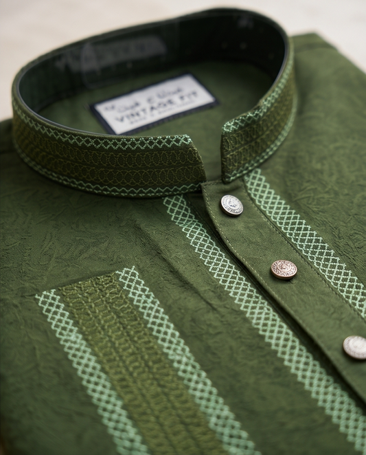 Deep Olive Stretch Cotton Panjabi – Men’s Premium Embroidered Traditional Wear | 433 - Raakaat