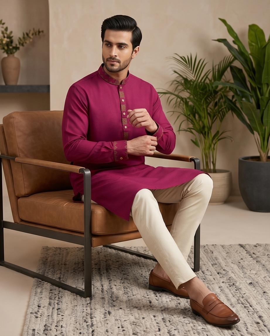 Deep Maroon Filigree Panjabi | P0025|401 - Raakaat