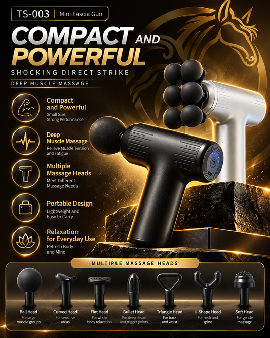TS-003 Mini Massage Gun feature poster and massage heads
