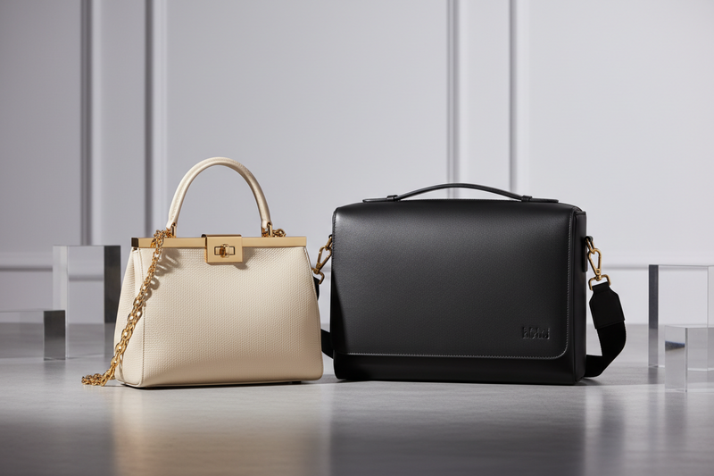 Elegant collection of stylish bags, featuring a cream handbag and a sleek black messenger bag.