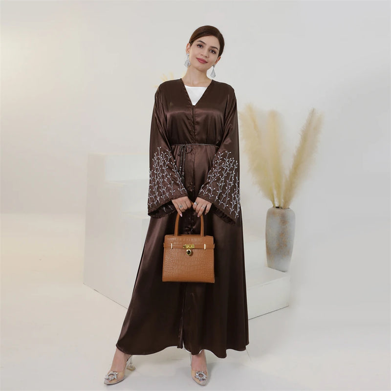 Women Beading Abayas Dubai Turkey Kaftan Muslim Kimono Cardigan Islamic Belted Jalabiya Ramadan Eid Open Abaya Dress Caftan Robe
